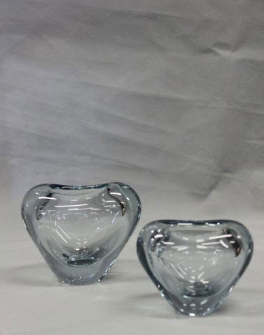 Pair of Holmegaard Per Lutken Glass Heart: Shaped Vase, in a blue tinted glass, of graduated size, incised marks to base,h 9cm, 7cm (2)