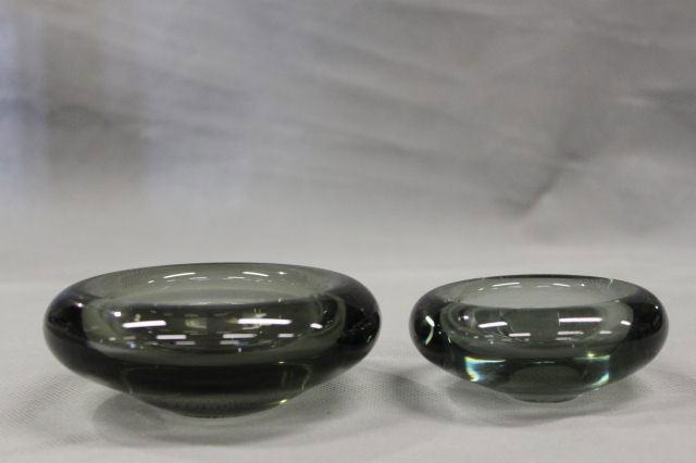 Pair of Holmegaard Per Lutken Glass Dishes,: C.1958,of squat baluster form, in smokey glass, incised signature, factory and date mark, graduated sizes, d 12cm, 9cm, (2)