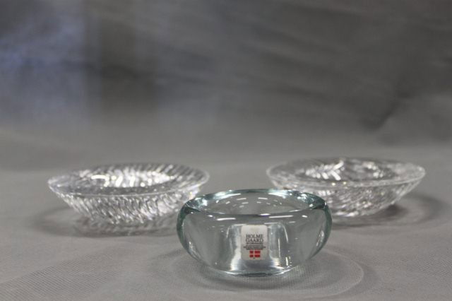 Pair of Contemporary Holmegaard Glass: Candlestick Holders, of circular form, with ribbed exterior, togther with another Holmegaard candlestick holder, (3)