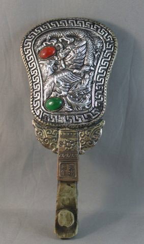 Chinese Hand Mirror,: with silver mount and stone handle, l 21cm