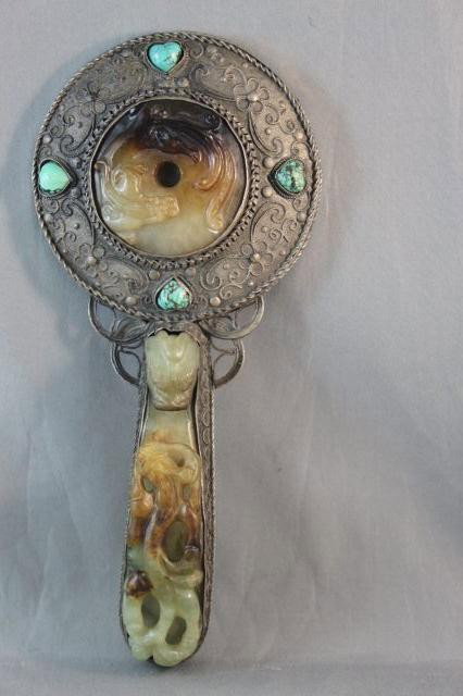 Chinese Combination Belt Hook Hand Mirror,: in white metal and hardstone, with figural mounts, l 20cm