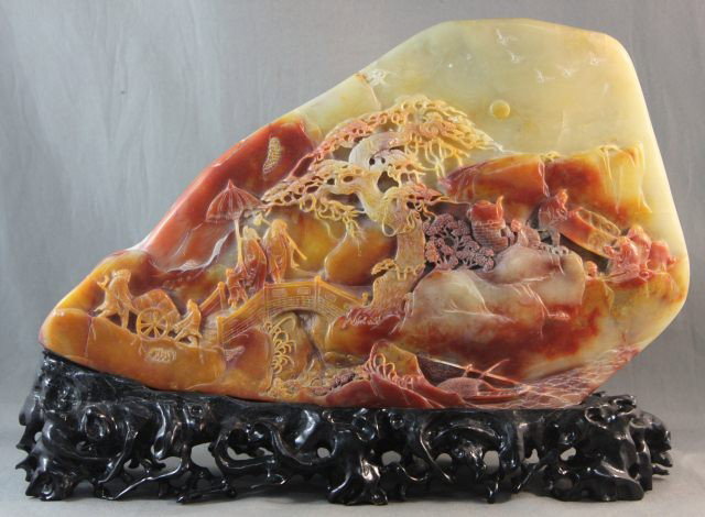 Chinese Carved Soapstone Plaque,: decorated with mountainous scenes , on pierced stand and boxed length 26cm