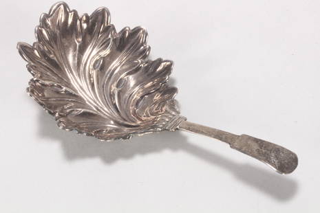 George IV Sterling Silver Caddy Spoon,: hallmarked Birmingham, 1826 JC (James Collins), in fiddle pattern, with leaf form bowl, total weight 7gm, length 8.5cm