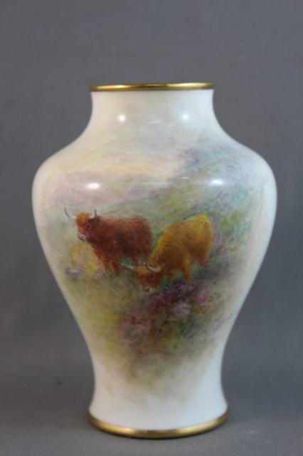 Royal Worcester Porcelain Vase,: of tapering baluster form, painted with highland cattle, signed by Harry Stinton, h 10cm