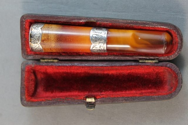 Edwardian Sterling Silver and Amber Cigar Holder: boxed