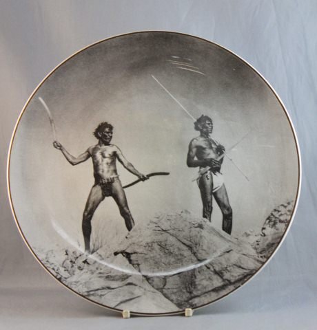 Royal Doulton Cabinet Plate,: of circular form, decorated with "Aborigines with Hunting Weapons", in soft grey tones, d 27cm