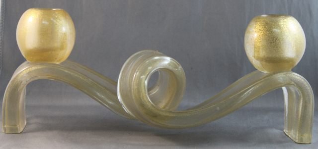 Good Murano Candelabra,: in clear and golf fleck glass, with two spherical sconces on a twisted support, original label, l 30cm