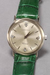 Lovely 14ct White Gold Longines Cosmo Wristwatch,: stamped '14k Gold' and '1100' to case back, featuring a brushed silver sunburst dial accented with four brilliant cut diamonds to the 12, 3, 6 and 9 o'clock hour markers, flanked by baton hour indices
