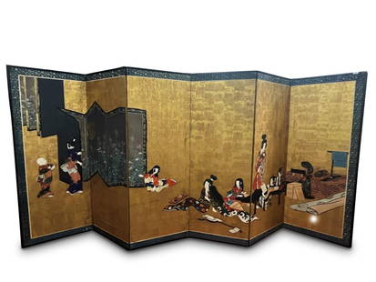 Magnificent Japanese Late Meiji Period Six Panel: Screen, of rectangular form, finely painted with a scene of geshias and attendants within an interior with screen, musical instruments, table and robe hanger, in rich tones with gilt ground, height 17