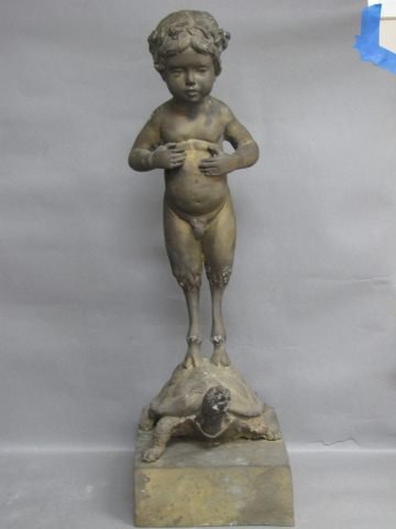 19th Century Style Bronze Figure Group,: modelled as a young faun riding a turtle , all resting on square plinth base h 59cm