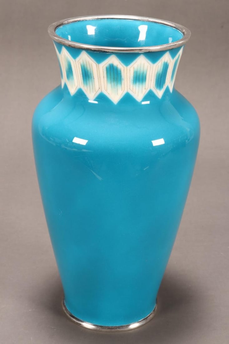 Japanese Ando Cloisonne Enamel Vase,: of ovoid form with a flared neck, beautifully decorated with white geometric border to neck, on a rich blue ground, mark to base, with marked sterling silver rim and base ring, height 25cm