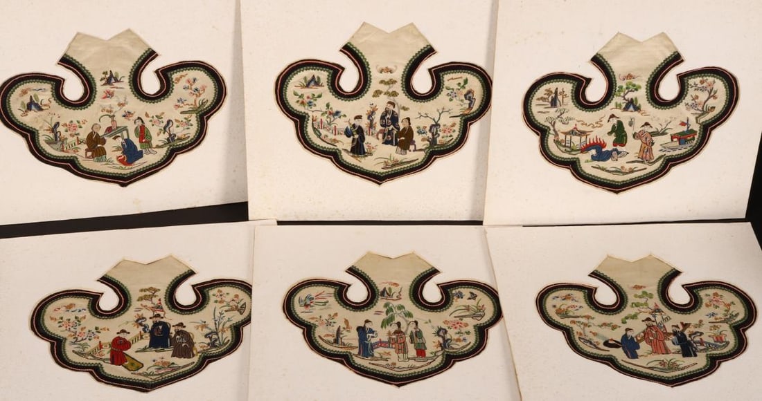 Set of Six Chinese Embroidered Yunjian,: of ruyi form, each one finely decorated with a series of figures within garden settings, in bright and gilt tones, (6)