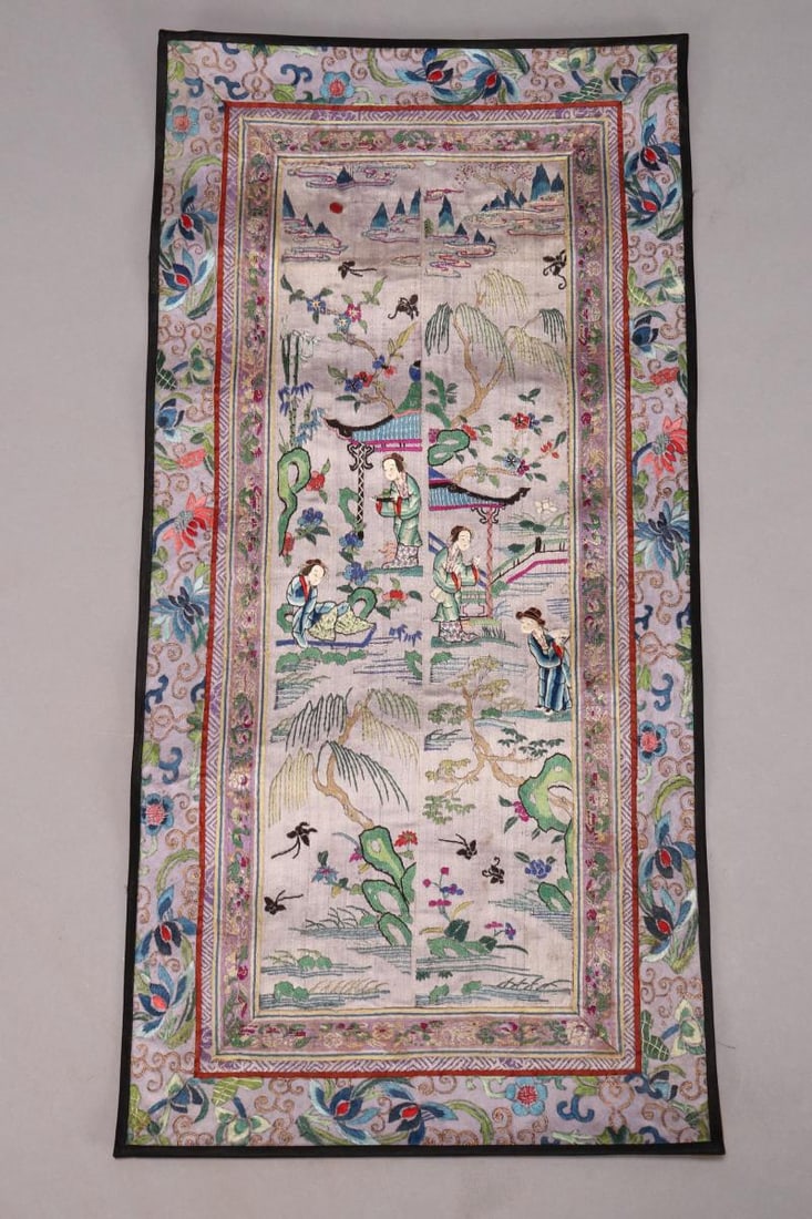 Chinese Embroidered Textile,: of rectangular form, embroidered with court ladies, pagoda, rocky outcrops and blossoms, surrounded by ribbon border and embroidered floral border with couched gold thread tendrils, in tones of purple