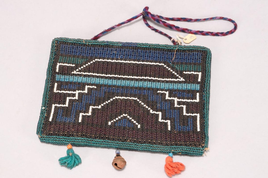 Ndebele People Ipetjane, South Africa,: in black, green, blue and white beads, with masonite lining, 18cm x 21.5cm
