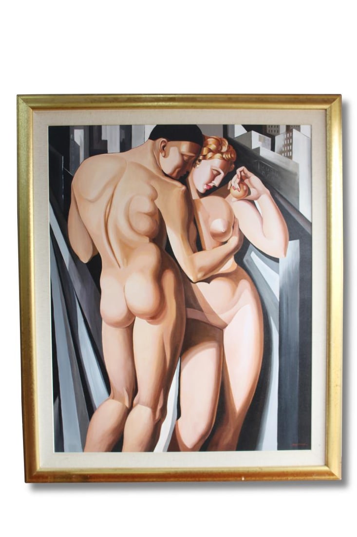 After Tamara De Lempicka (Polish, 1898-1980),: Adam and Eve acrylic on canvas signed 'Sawicka' lower right 151cm x 121cm