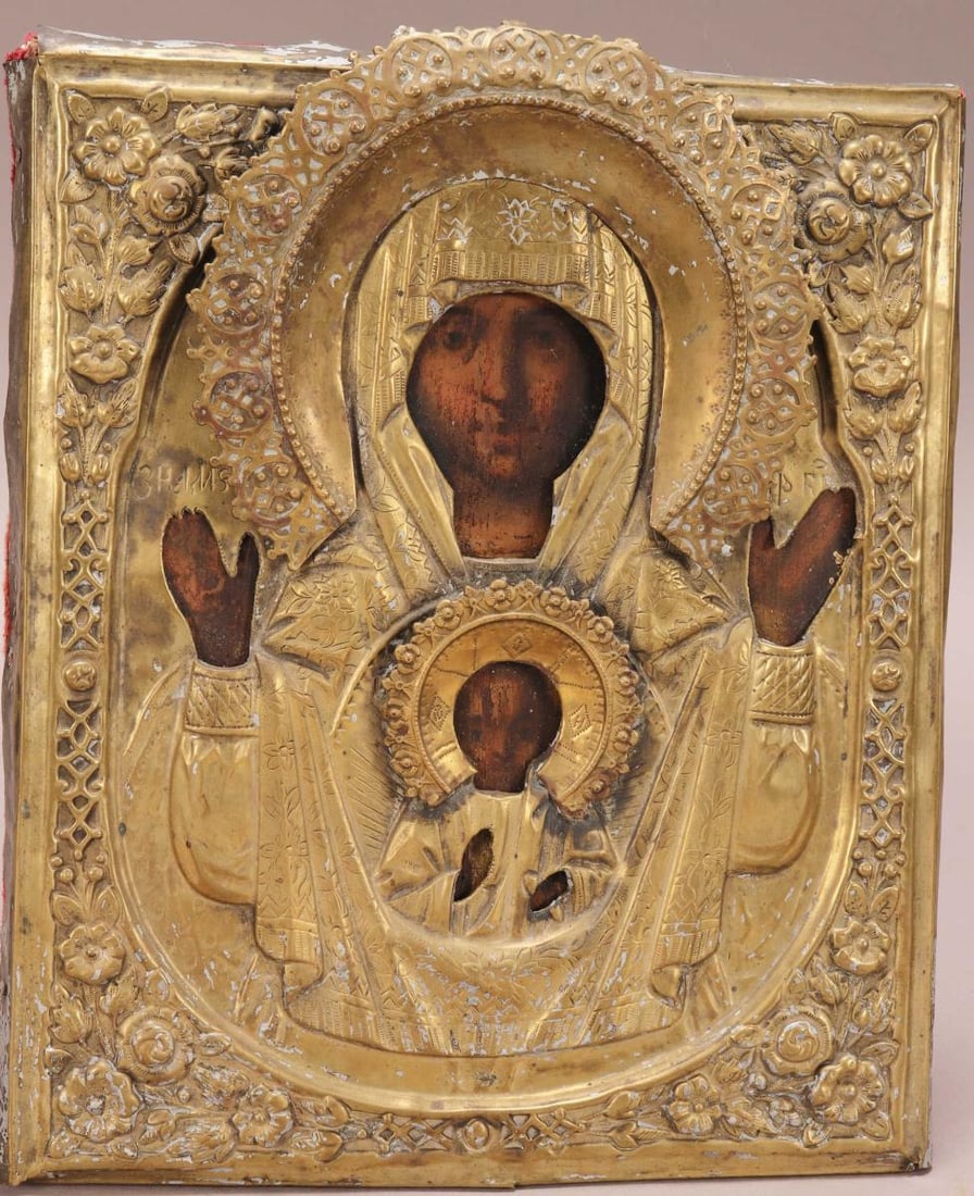 Early 19th Century Russian Icon,: portraying 'Our Lady of the Sign', with Mary's hands raised in prayer above the sitting Christ Child on lap, clutching a scroll in right hand indicating his position as the living word of God, set wit
