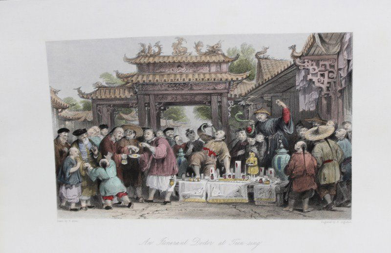 Hand Coloured Engraving 'An Itinerant Doctor at: Tien-Sing', engraved by P. Lighfoot, after a picture by Thomas Allom, published in China Illustrated 1843