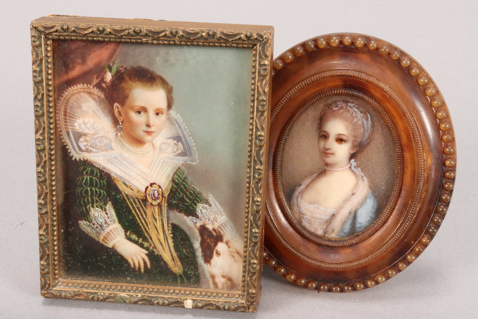Two Portrait Miniatures,: comprising a hand painted portrait miniature with horn oval frame, 9cm x 8cm, together with a miniature print with hand coloured accents after 'The Princess' by Paulus Moreelse (Dutch, 1571?1638), 9.5