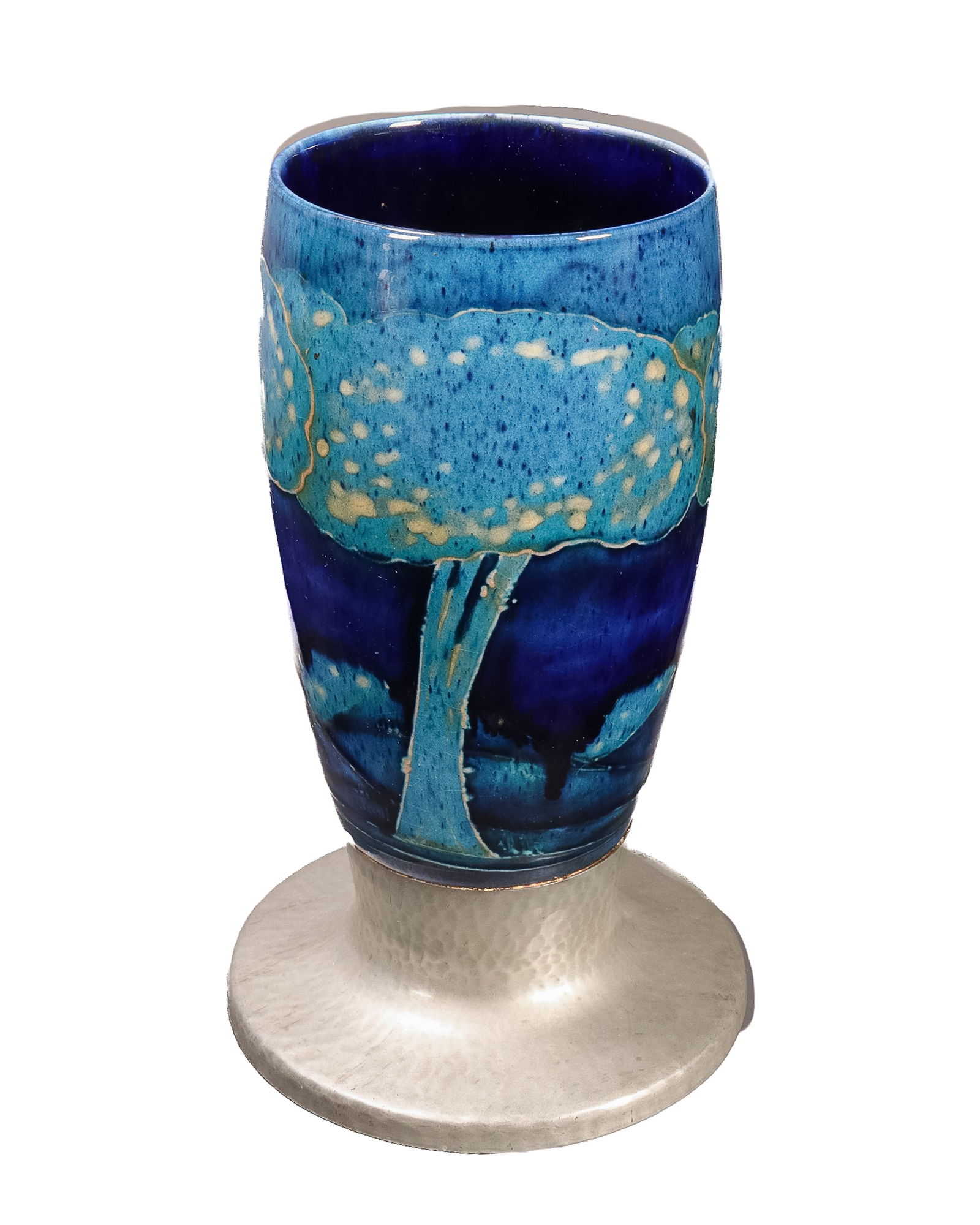 Moorcroft Tudric Moonlit Blue Pewter Vase,: of baluster form, raised above a wide sloping circular pewter base with planished finish, stamped to base 'Tudric Moorcroft/Made in England/ 01359', height 18cm and foot diameter 11cm
