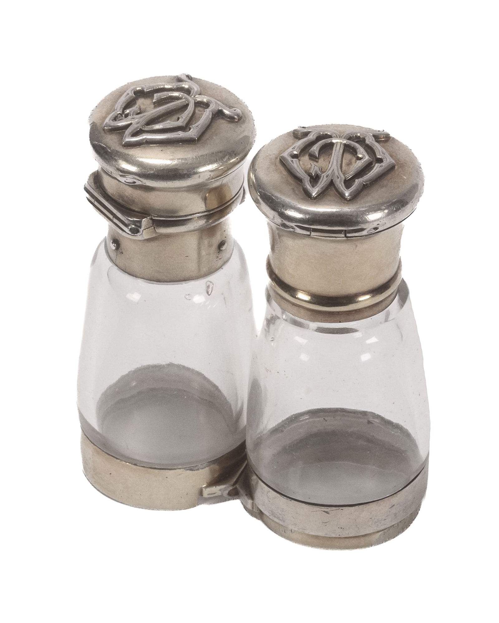 Rare Victorian Gilt Sterling Silver Twin Scent: Bottle, Pill Box and Vinaigrette, hallmarked London, 1866, TJ (Thomas Johnson I), with the retailers mark of Jenner & Knewstub, in the form of opera glasses with hinged bases combined to produce a cyl