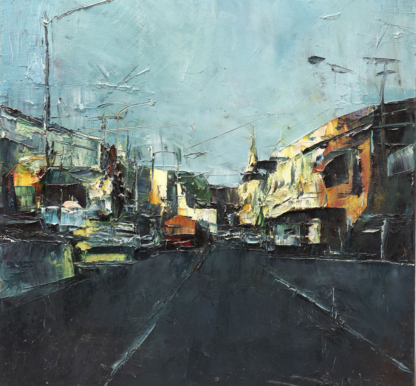 Huang He (working 1990's),: Untitled, Street Scene oil on canvas initialled lower right 55cm x 56cm