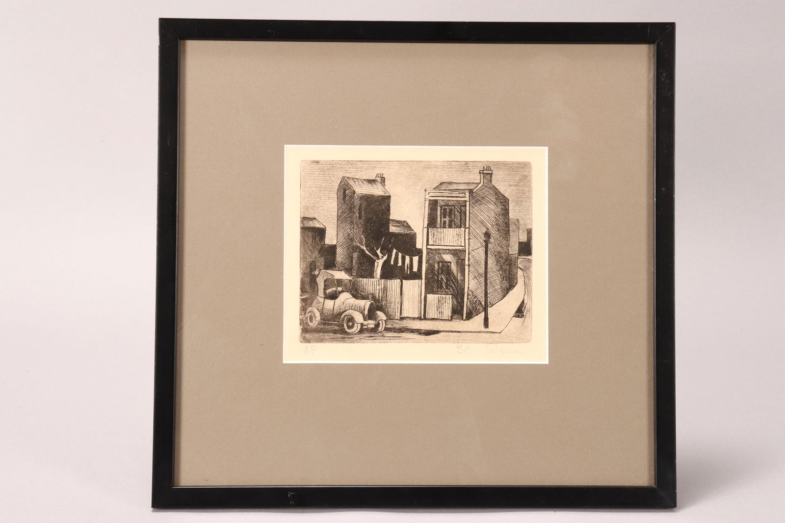 William (Bill) Stephen Coleman (1922-93),: Untitled, Terrace House with Car etching AP editioned and signed below image 13cm x 16cm