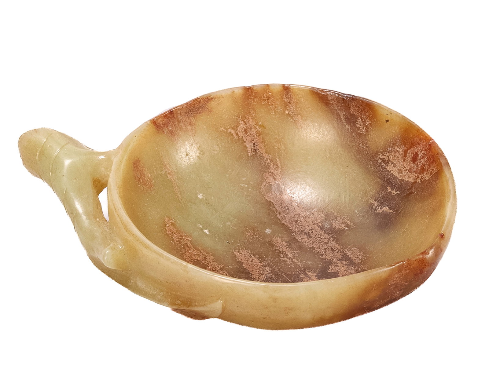 Chinese Pale Green Carved Jade Bowl,: in the form of a peach with branch and foliate handle, in tones of green and brown, height 3.5cm and diameter 11cm