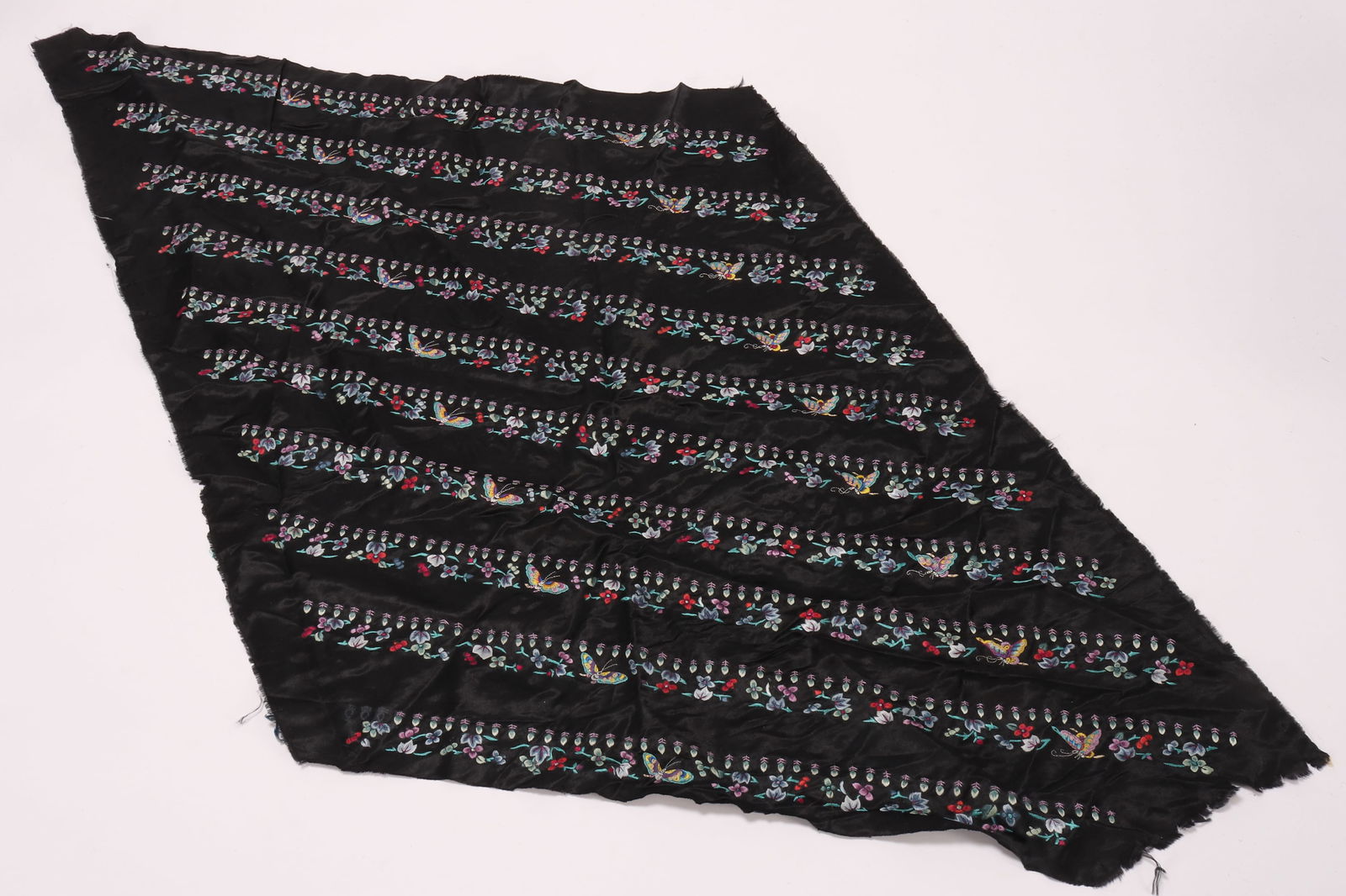 Chinese Black Satin Uncut Embroidered Borders, (1 of 2)