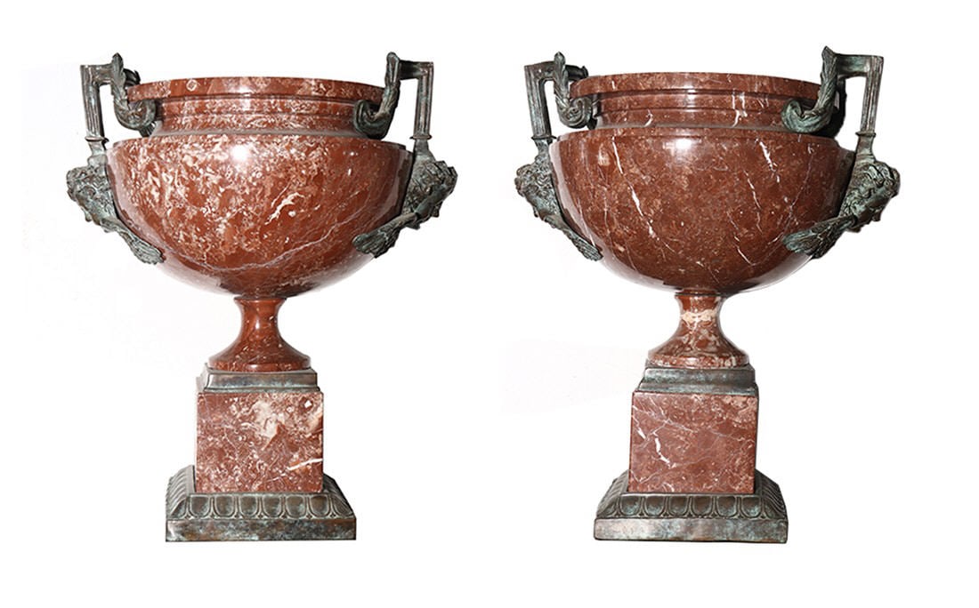 Magnificent and Large Pair of Italian Early 20th Century Marble and Bronze Neoclassical Urns,