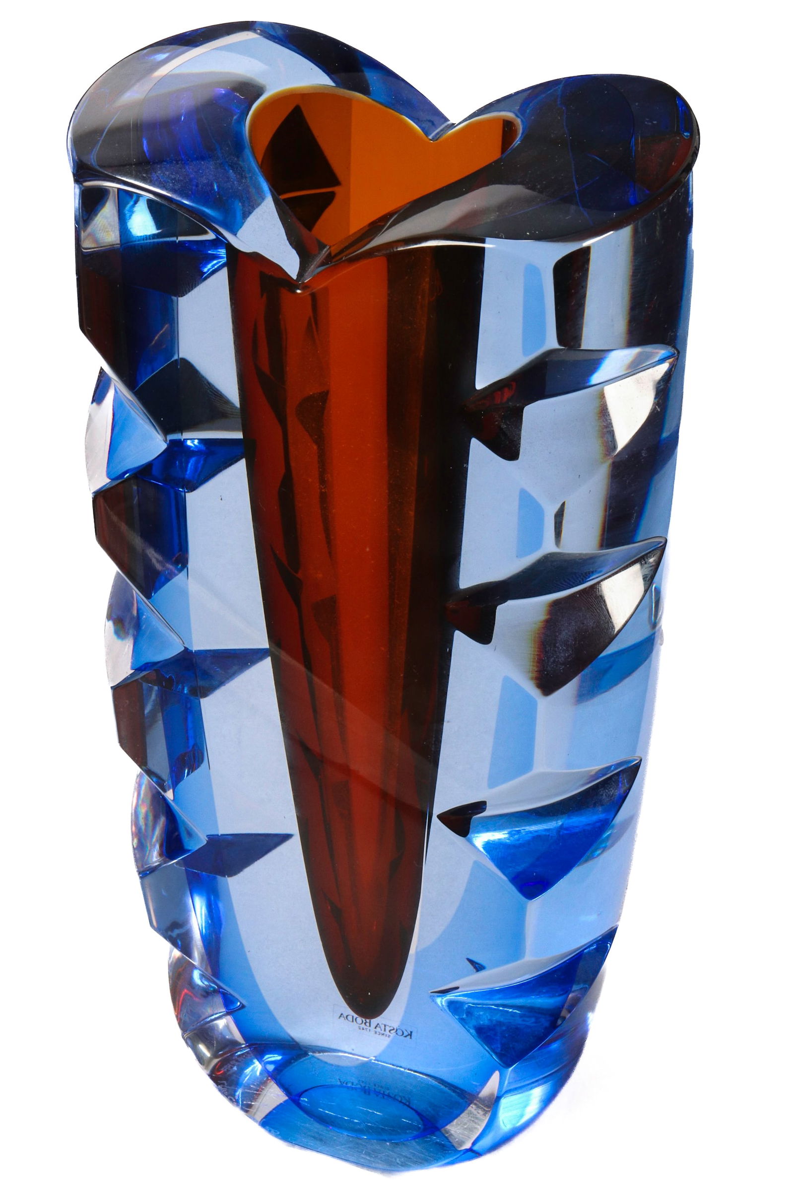Goran Warff (1933-2022) Sommerso Glass Vase,: for Kosta Boda, limited edition 25/35, of tapering form, with notched blue glass exterior, etched Goran Wariff//Kosta Boda// 7234007, lim ed 25/35, with original label, height 24cm