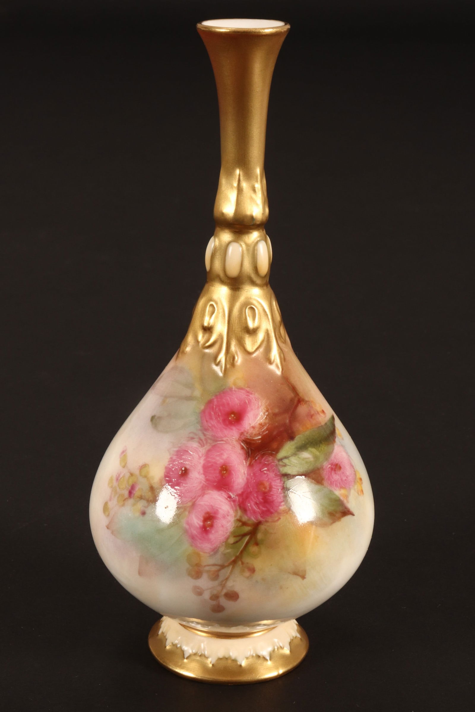 Royal Worcester 'Australian Wildflowers' Vase,: with a slender neck above a pear shaped body, hand painted with pink blossoms and foliage, with moulded gilt accents, unsigned, with puce Royal Worcester marks and Thomas Webb & Sons. Melbourne mark t