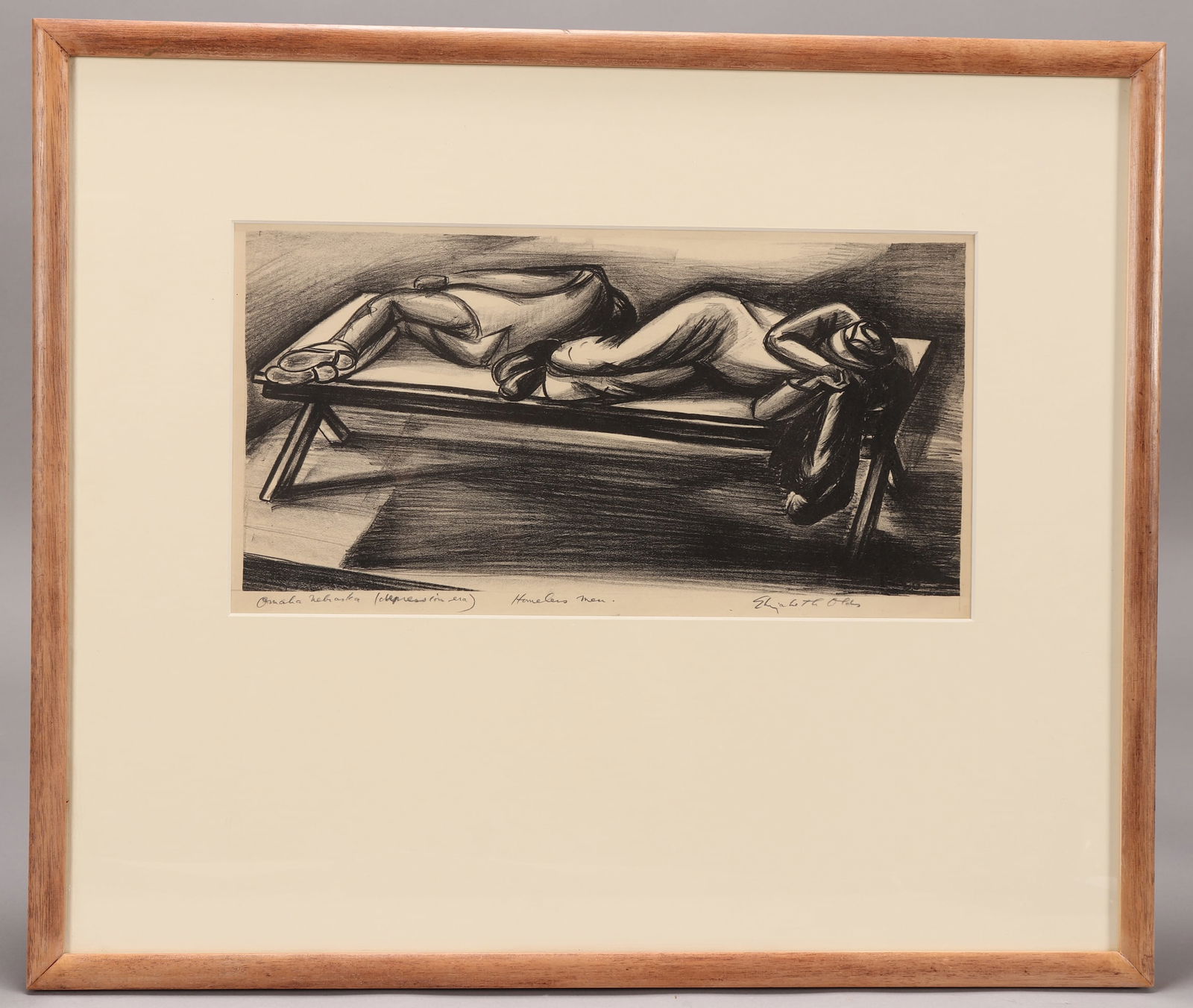 Elizabeth Olds (American, 1896-1991),: Homeless Man, Omaha Nebraska (Depression Era) graphite on paper titled and signed in pencil to lower margin 20cm x 40cm (image)