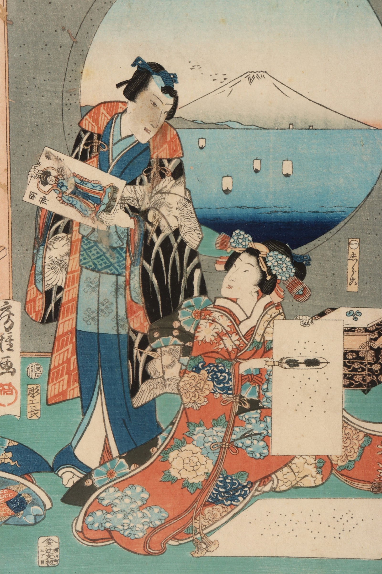 Utagawa Fusatane Woodblock Print,: first half 20th century, depicting figures in an interior setting with background view of Mt Fuji, 35cm x 23cm, frame 46cm x 33cm