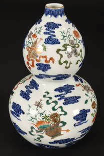 Good Chinese Double Gourd Porcelain Vase,: decorated with precious items surrounded by stylised clouds, set between ruyi head and wave borders, in tones of green, blue, orange and brown on a white ground, accented with gilt, with seal mark to