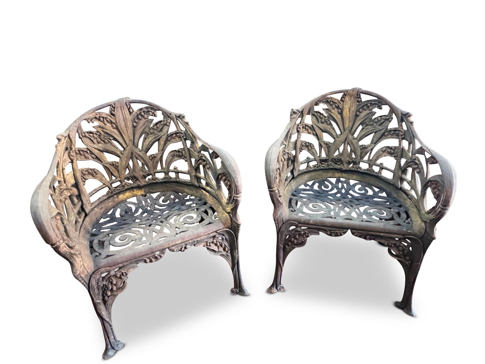 Rare Pair Coalbrookdale 'Lily of the Valley' Cast Iron Garden Chairs,
