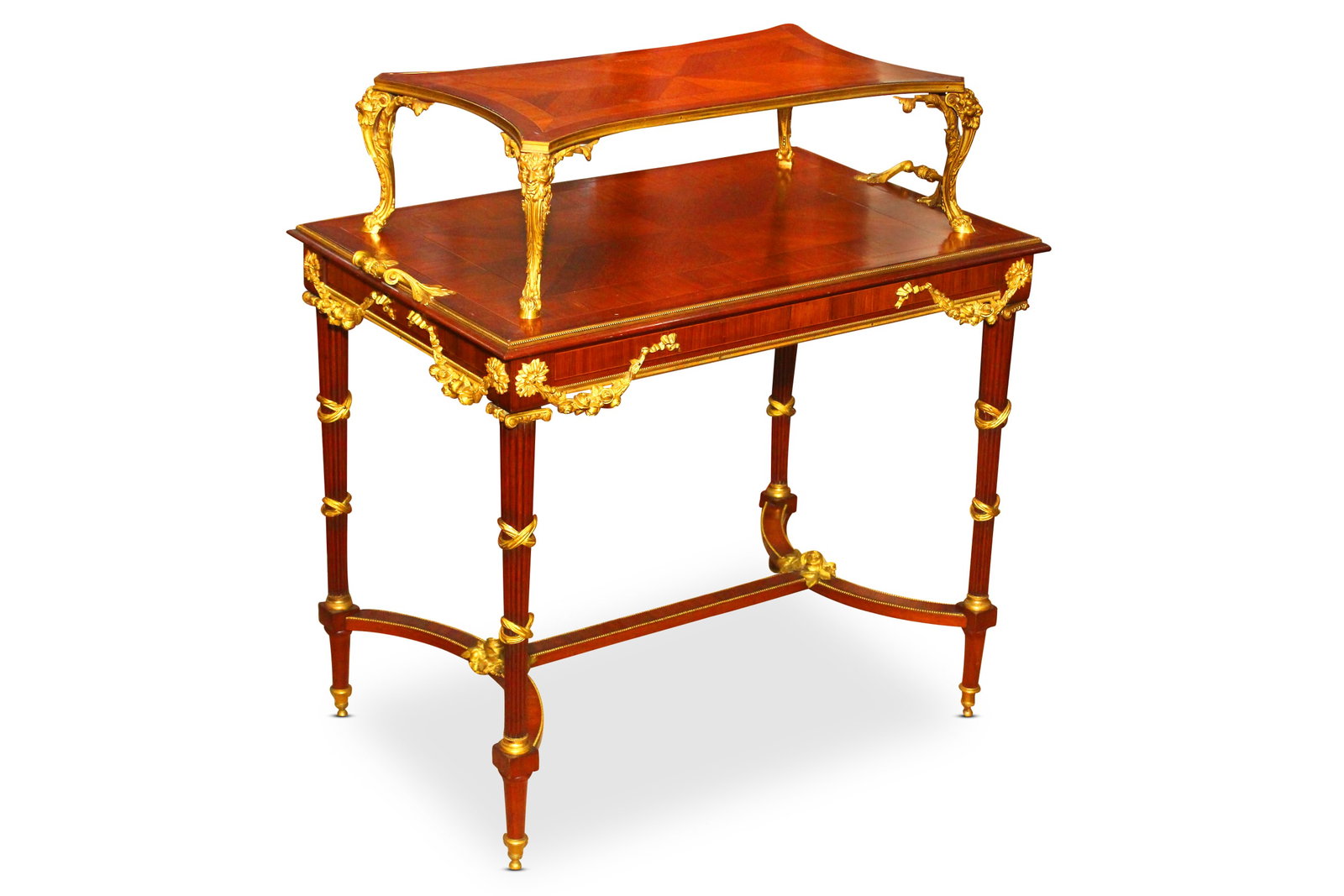 Exceptional French 19th Century Louis XVI Style Tea Table,: set with two tiers, the upper tier set with herringbone and cross banded borders, accented with fine strining, supported on four ormolu supports in the form of faun masks and acanthus, above a larger