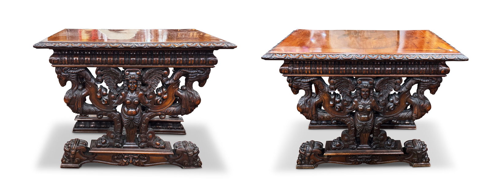 Stunning Pair of Early 20th Century Italian Walnut Renaissance Style Console Tables,: with rectangular cross banded border top, supported on a winged maiden, flanked by metamorphic creatures, the back displaying an architectural arcade, the lower feet displaying masks, 76cm x 99cm x 54