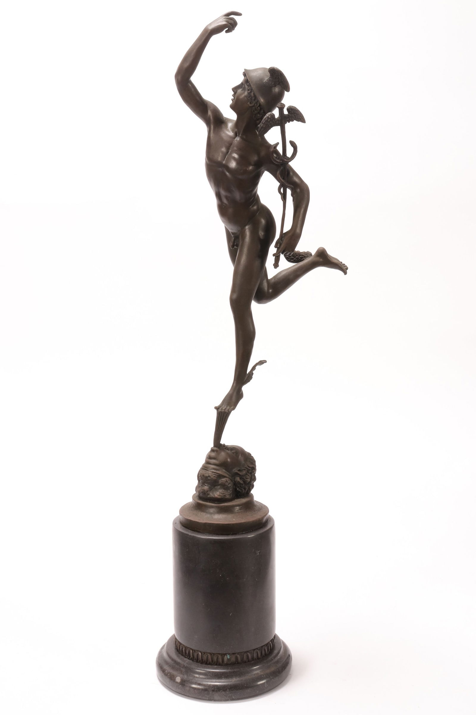 Bronze Figure of Mercury after Benedetto Boschetti: depicted standing on one foot with an upwards gaze, supported by a zephyr, signed to base, raised on a slate pedestal base, height 69.5cm