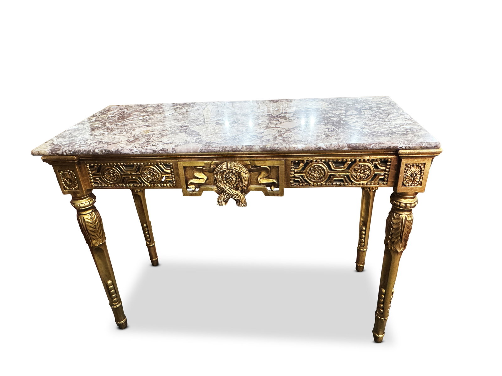 French Louis XVI Style Rouge Marble Top Console Table,: with rectangular marble top, above carved and pierced apron displaying ribbons, wreaths and flower head motifs, raised on tapering legs accented with acanthus, in gilt, 78cm x 110cm x 50cm
