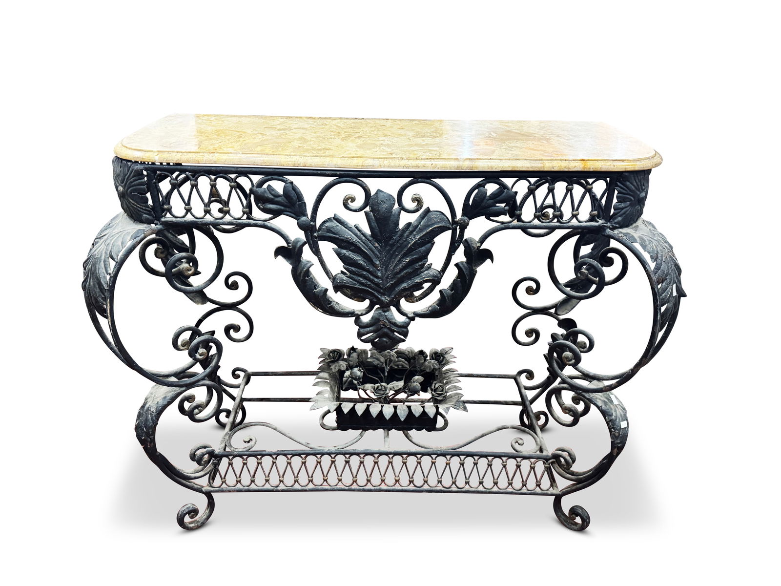 French Wrought Iron and Marble Console Table,: with white rectangular marble top, above a decorative apron, supported on double c-scroll legs, accented with acanthus motifs, above a lower floral motif, on scrolled legs, 92cm x 120cm x 40cm