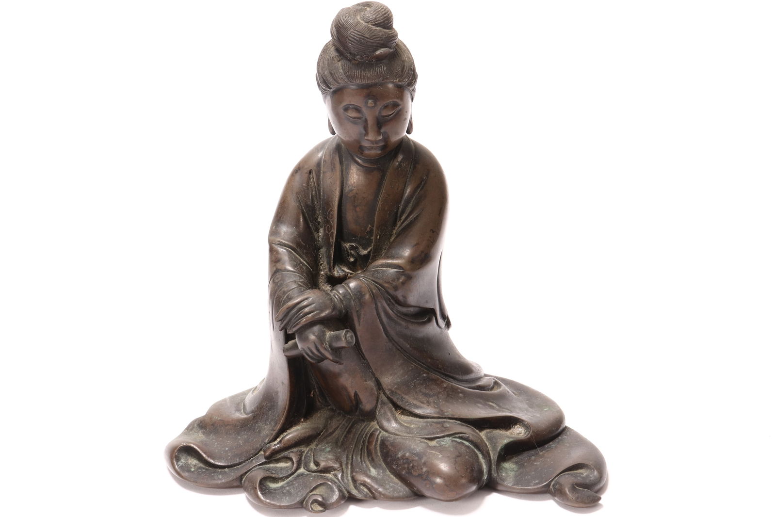 Chinese Bronze Figure of Guanyin,: depicted seating and holding a scroll, height 22cm