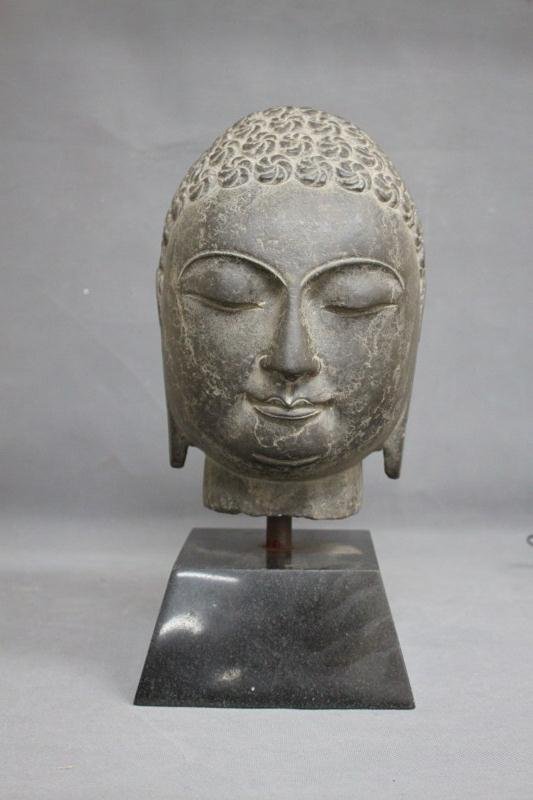 Northern Chinese Head of Buddha,: in dark grey limestone,slightly over life size, in the tang manner, h 30cm Notes: The flaring and uneven nature of the break at the neck suggests the head is from a larger figure, smooth patina especi