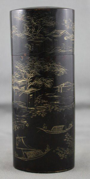 Chinese Qing Dynasty, 19th Century Tortoise Shell: Box and Cover, of oval form, incised and gilt with landscape, h 11cm. Provenance: Jimmy Zhu Collection