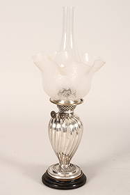 Late Victorian Sterling Silver Oil Lamp,: hallmarked London, 1896, WGJL (William Gibson & John Lawrence Langman), hardware by Hinks & Sons, Birmingham, with glass chimney and frilled shade, decorated with acid etched scrolled foliate design,