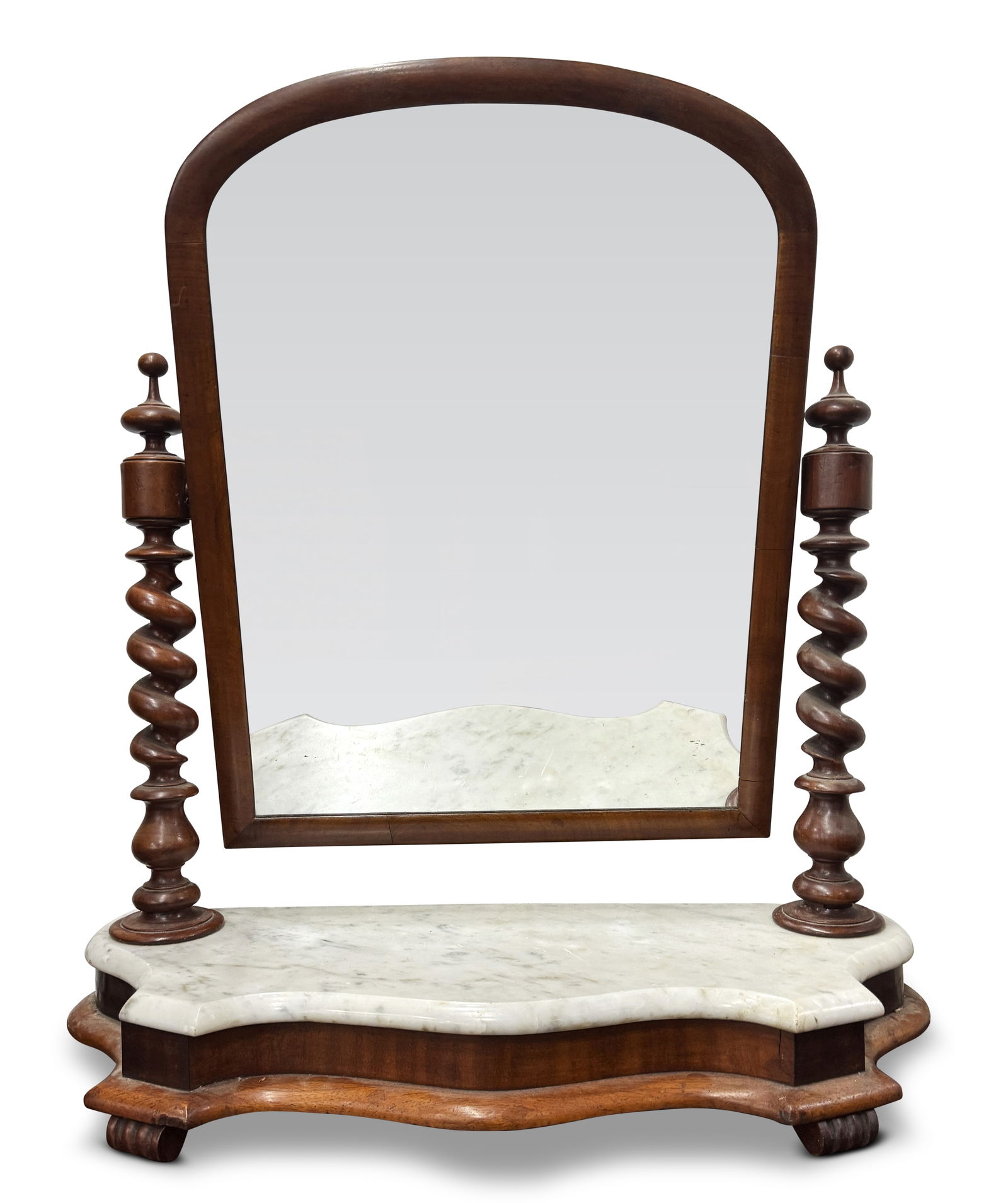 Victorian Marble Top Toilet Mirror,: with arched glass mirror, flanked by barley twist supports, above a shaped marble base on four scrolled feet, 82cm x 72cm