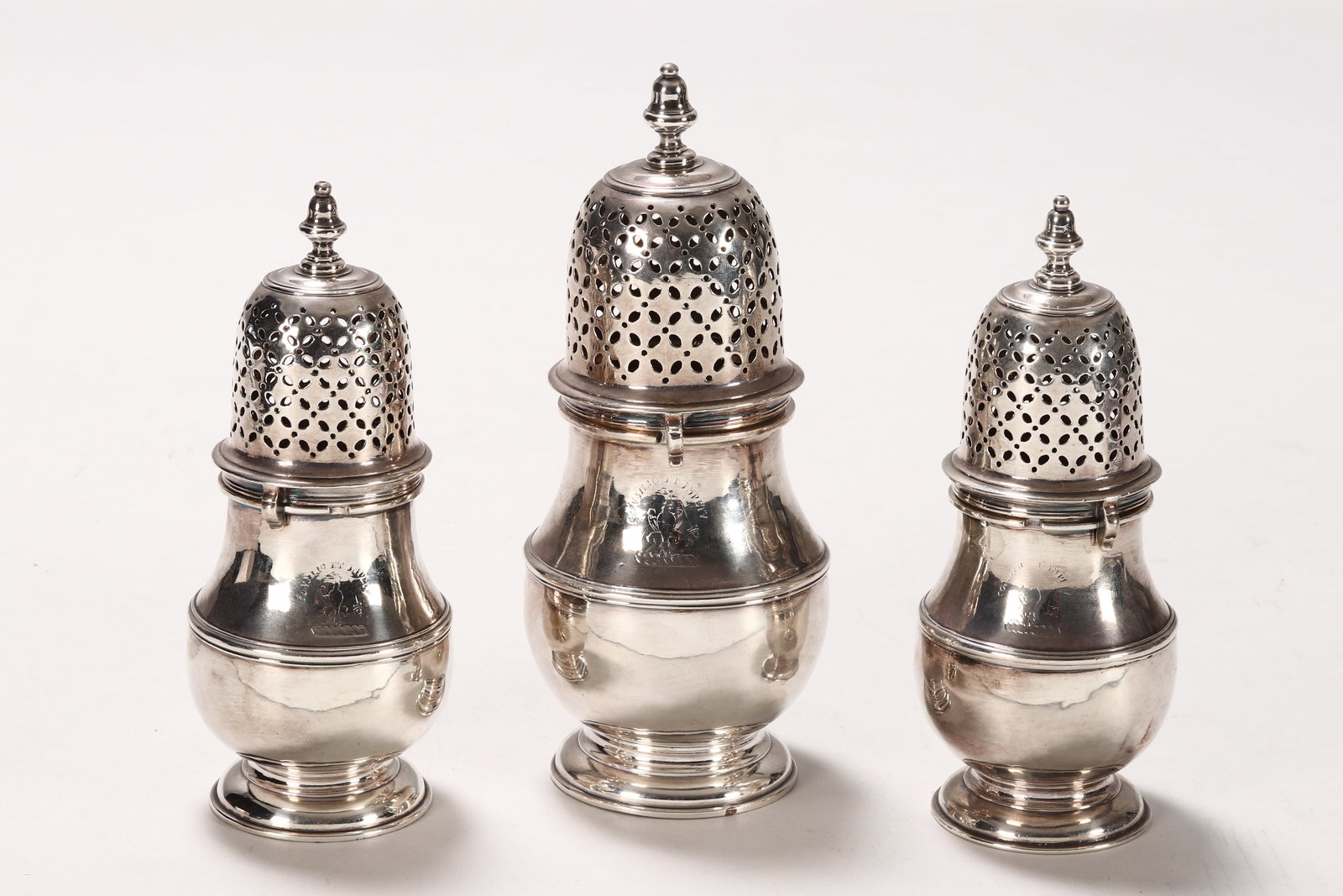 Rare Set of Three Queen Anne Britannia Silver Casters, (1 of 6)