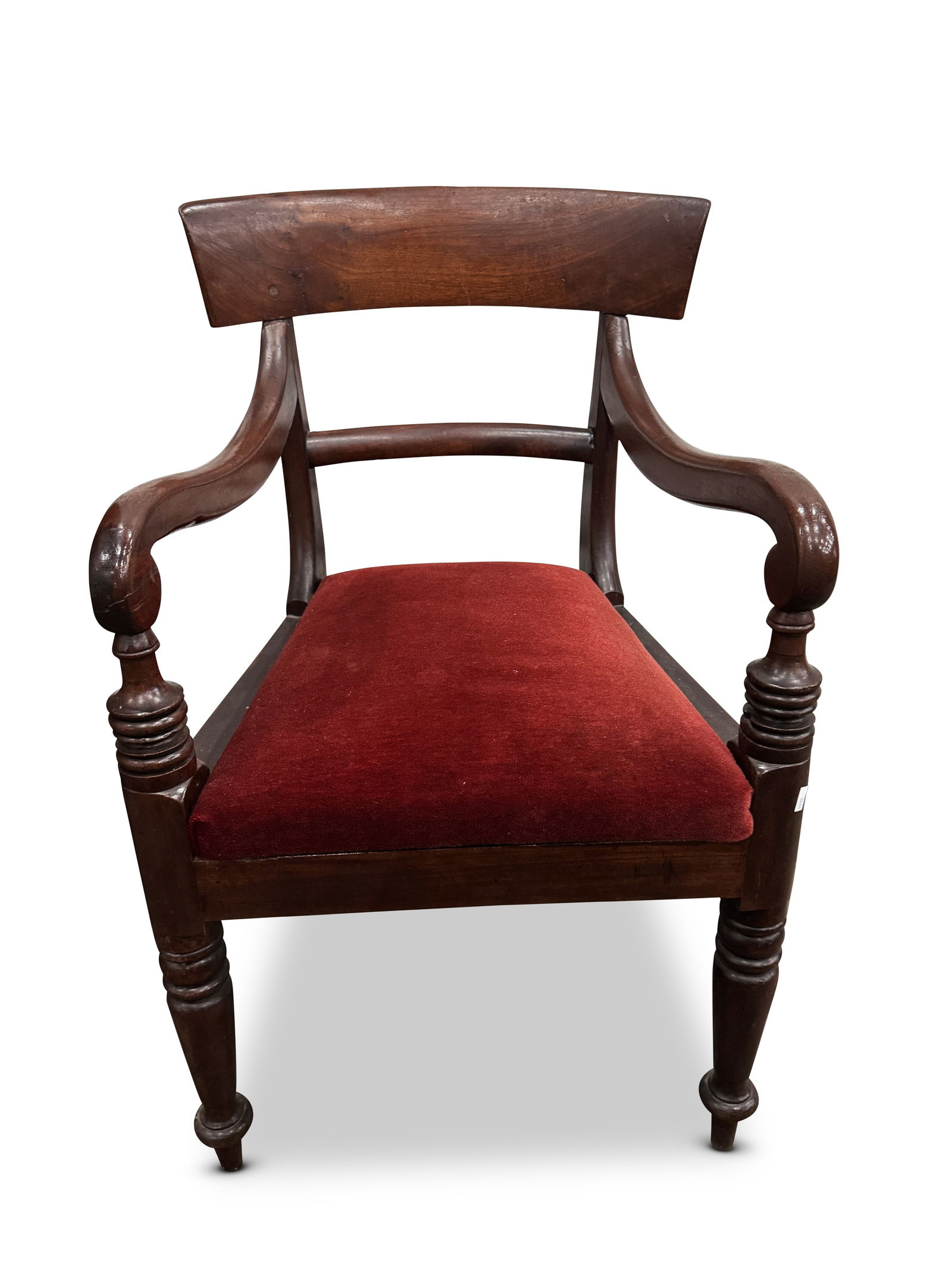 Australian Colonial 19th Century Cedar Armchair,: with a curved crest rail, above a pair of scrolling arms, above a drop in seat, on four turned legs