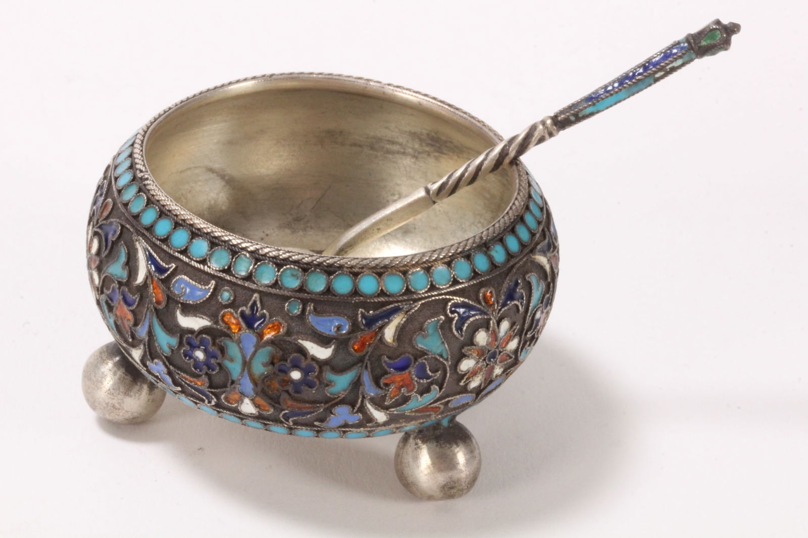 19th Century Russian Silver and Enamel Salt and Salt Spoon, (1 of 6)