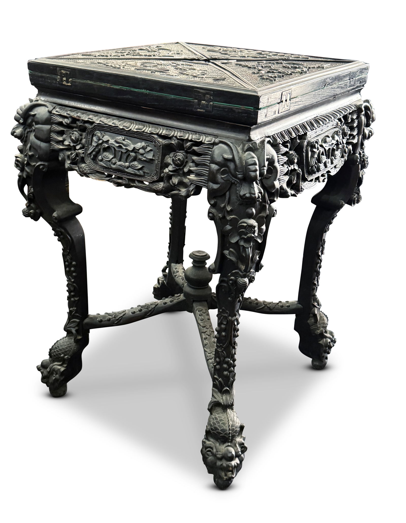 Chinese Carved Folding Mahjong Table, (1 of 3)