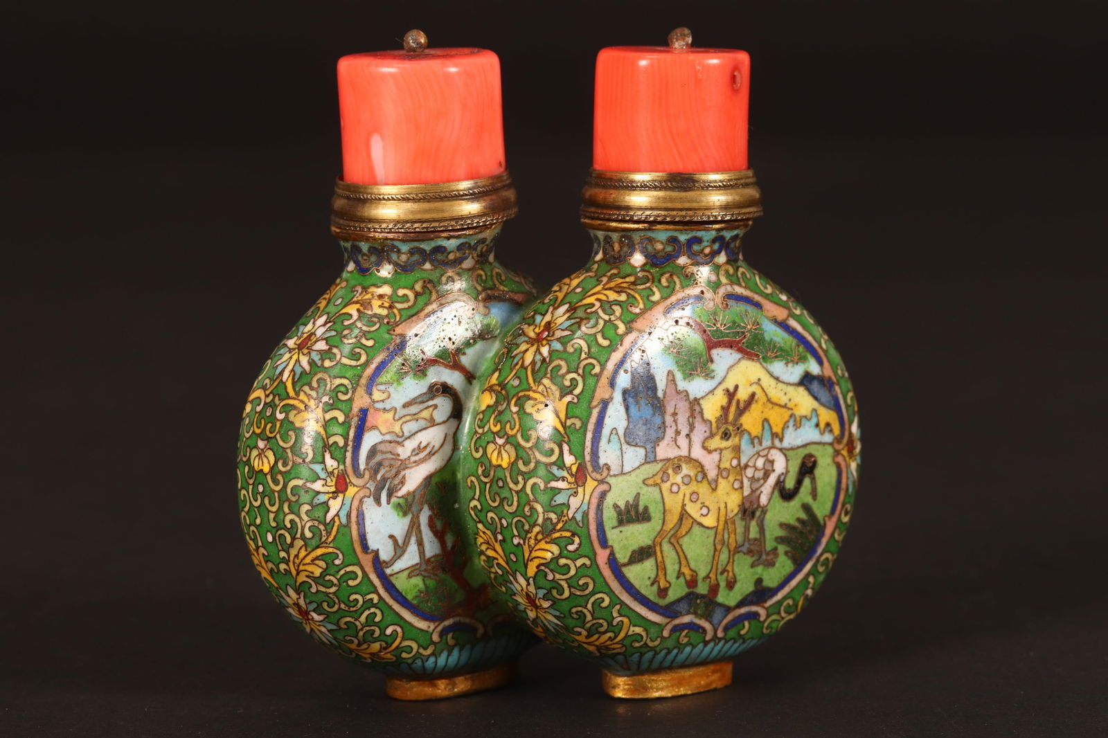 Chinese Double Pilgrim Form Enamel Snuff Bottle and Stoppers, (1 of 5)